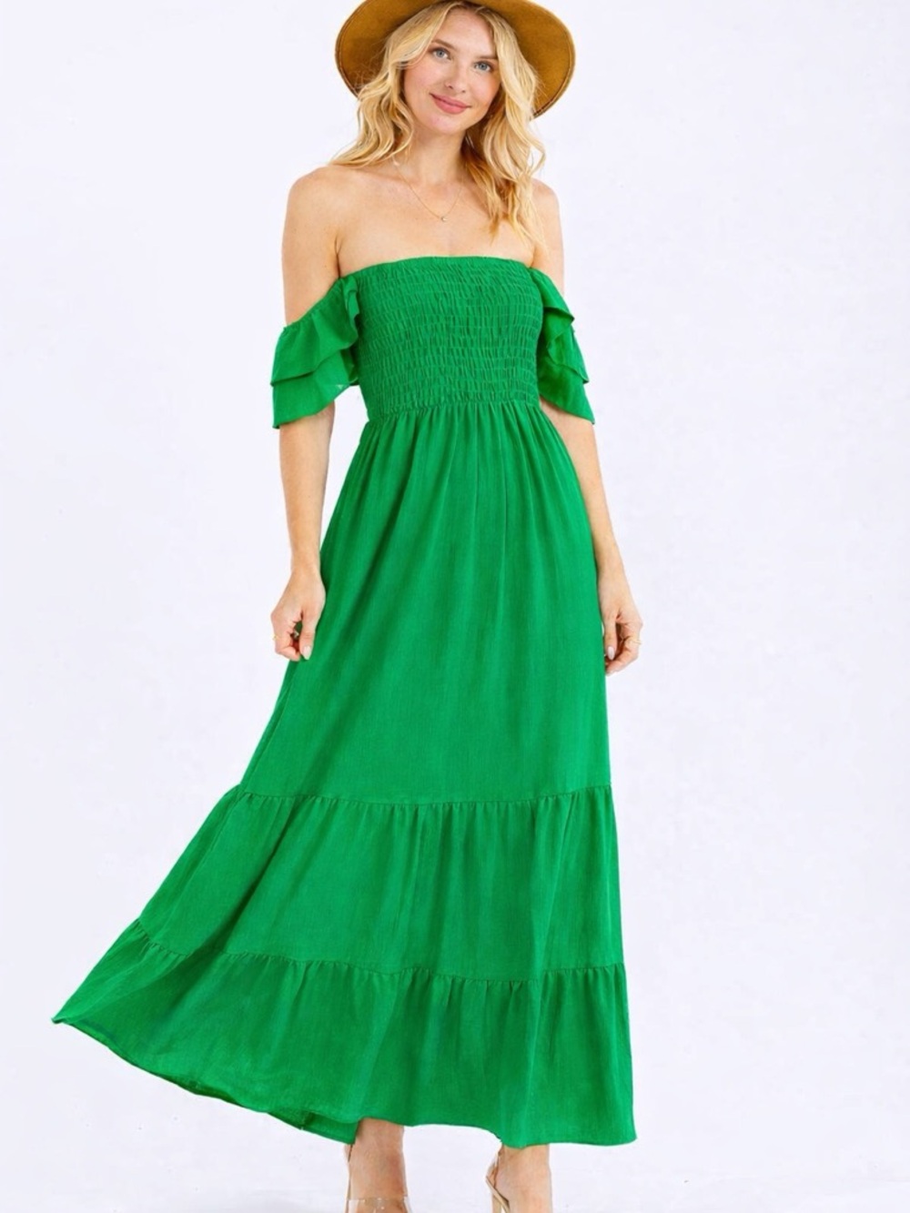 Off-Shoulder Tiered Maxi Dress in Green
